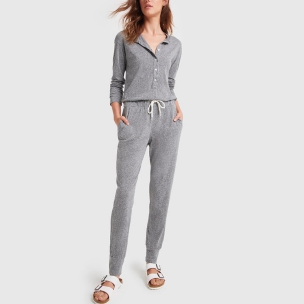 Monrow Long Sleeve Henley Jumpsuit Heather Grey Small